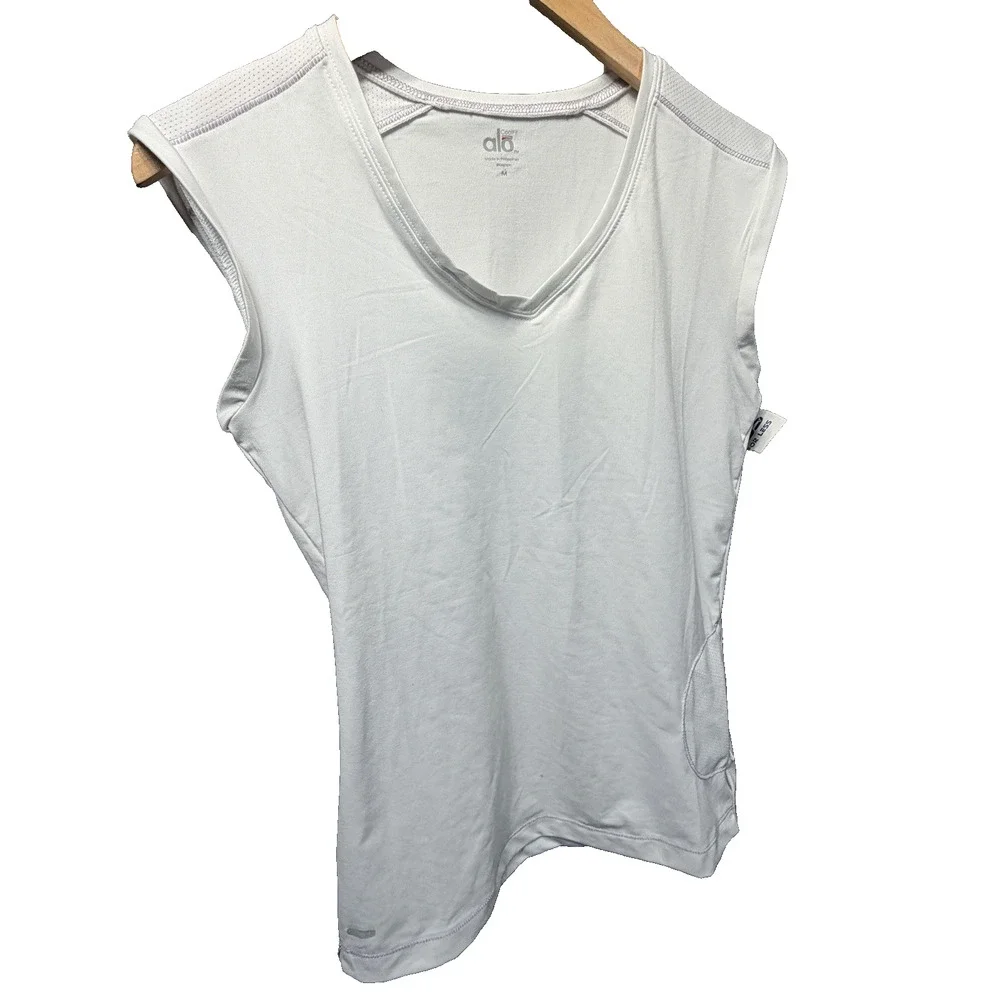 Alo Yoga CoolFit White Purple Trim V-Neck Athletic Tank Top Women Sz M NWOT